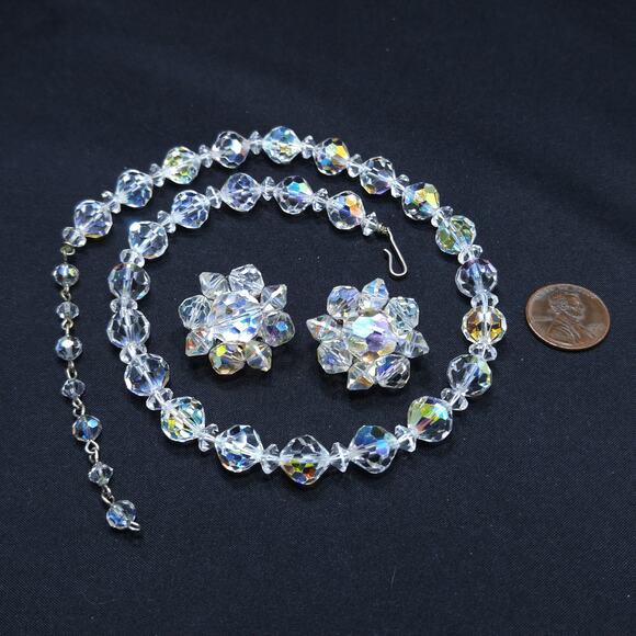 Vintage AB Crystal Beaded Necklace & Clip Earring Set - Picture 7 of 10